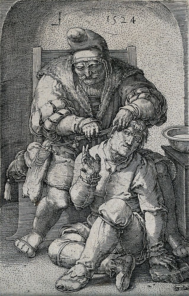 A seated surgeon cutting behind the ear of a younger man seated at his feet. Engraving by L. van Leyden, 1524.