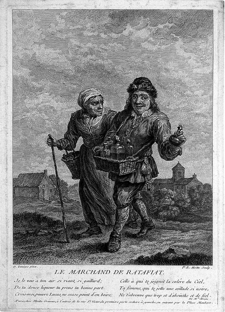 A country pedlar and his wife walking the countryside and selling liqueurs. Etching by P.E. Moitte after D. Teniers II.