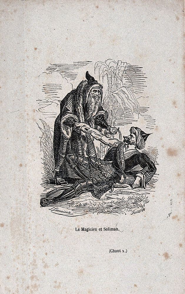 The sorcerer Ismen and Suleyman: an episode in Gerusalemme liberata by Tasso. Wood engraving by J.A. Faxardo after J.J.…