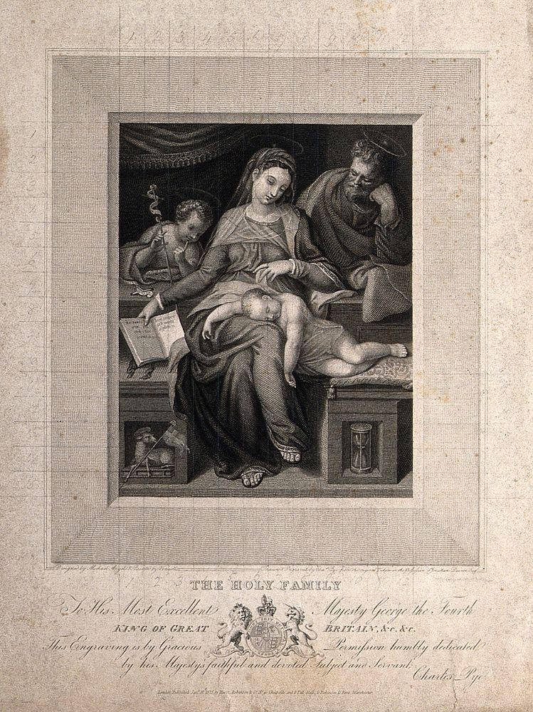 Saint Mary (the Blessed Virgin) and Saint Joseph with the Christ Child and Saint John the Baptist. Engraving by C. Pye…