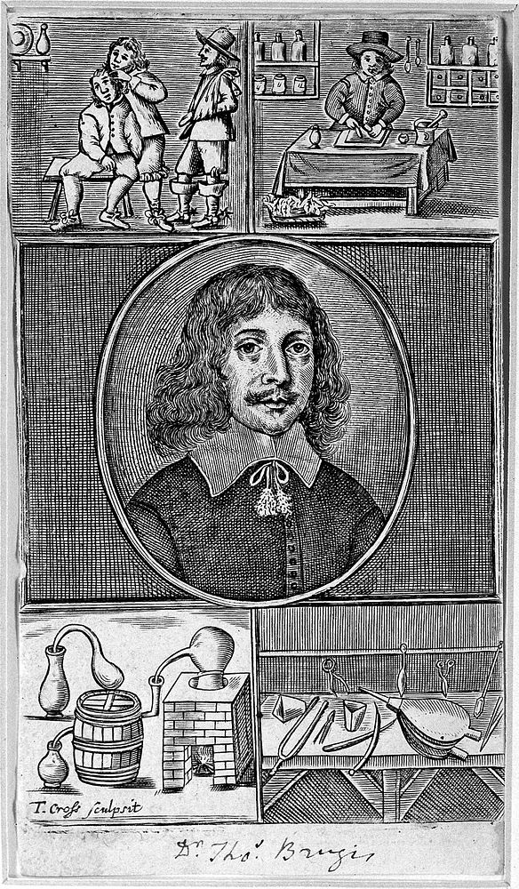 Thomas Brugis: his portrait, with vignettes of the work and equipment of the surgeon and apothecary. Line engraving by T.…