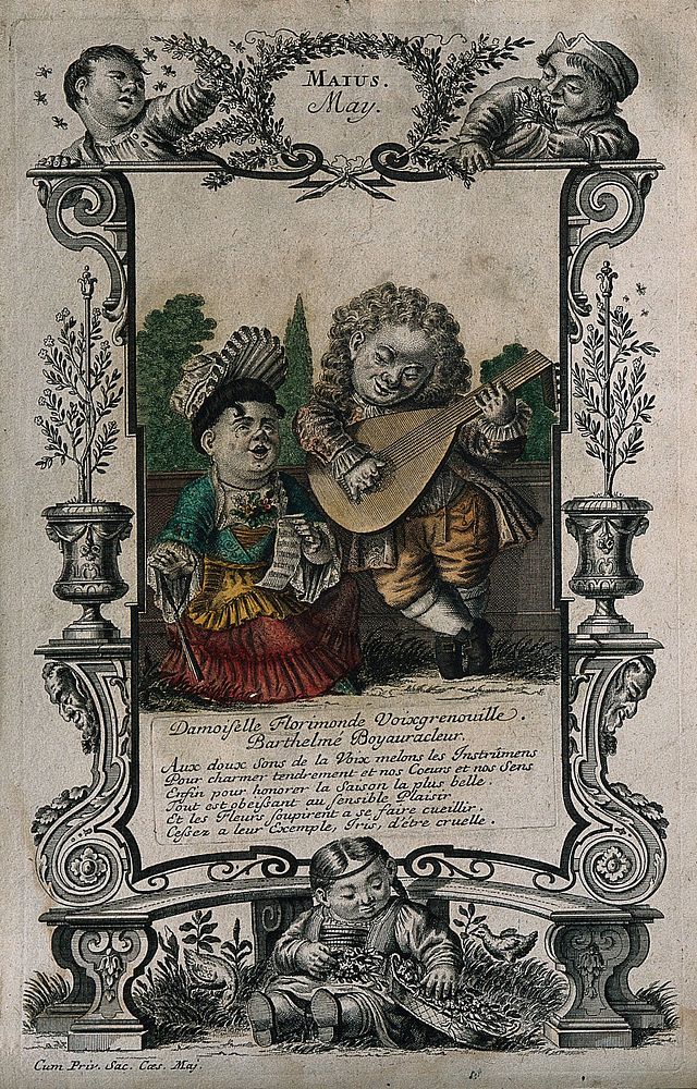 Two dwarfs make tuneless music. Coloured etching by M. Engelbrecht, after 1715.
