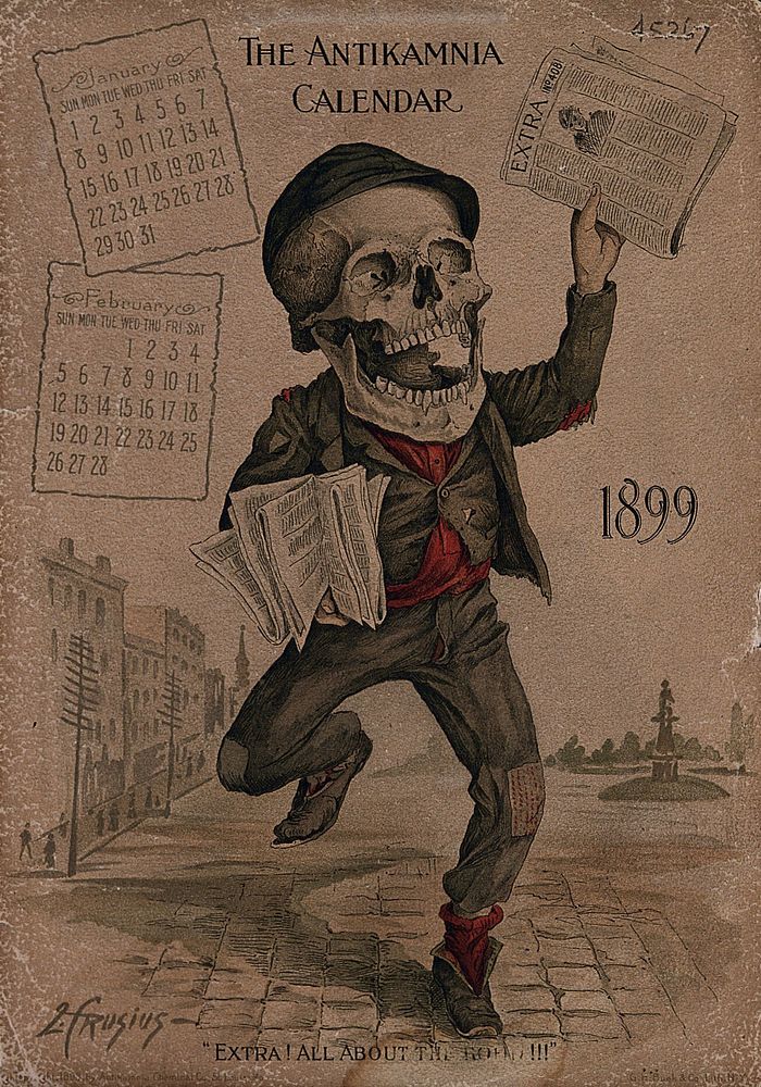 A skeleton as a newspaper seller. Lithograph by L. Crusius, 1899.