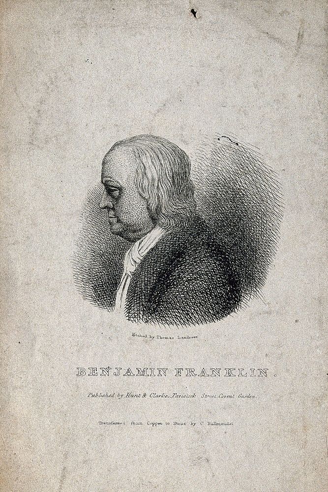 Benjamin Franklin. Lithograph by T. Landseer after J. J. Caffiéri, 1777.