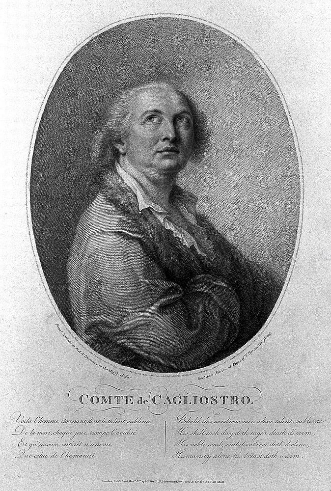 Giuseppe Balsamo Cagliostro. Stipple engraving by R.S. Marcuard, 1786, after F. Bartolozzi.