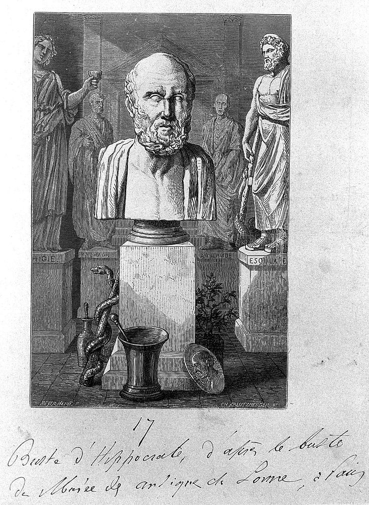 Hippocrates. Wood engraving by Th. Meyer-Heine, 1866, after C. Kreutzberger.
