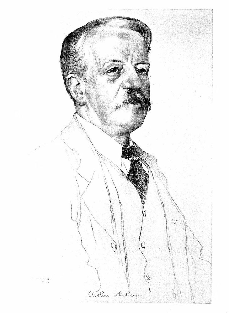 Sir (Benjamin) Arthur Whitelegge. Charcoal drawing with watercolour wash by W. Strang, 1912.
