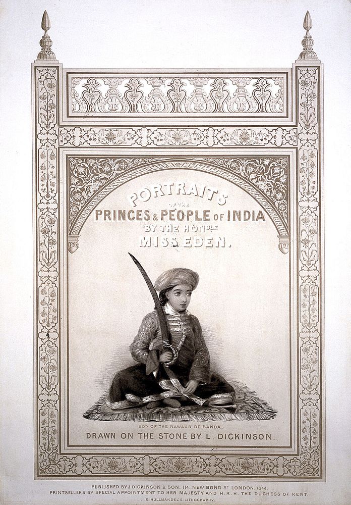 The son of Nawaub of Banda seated on an oriental rug holding a sword within an ornate border. Lithograph by L.C. Dickinson…