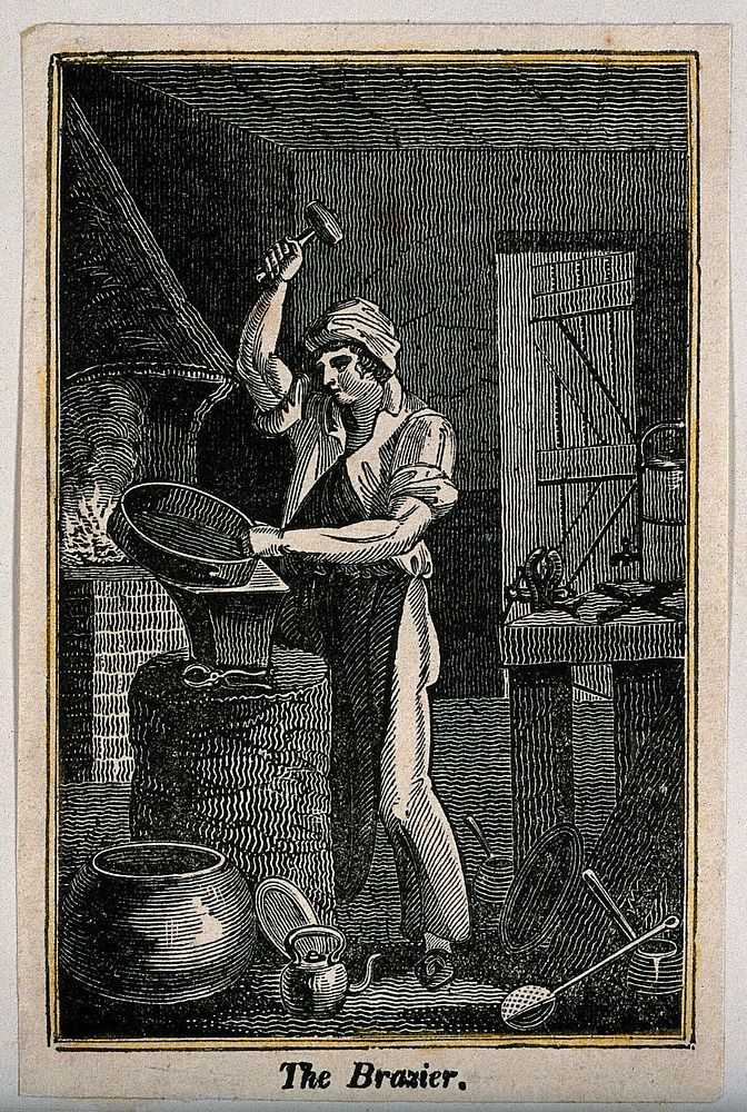 A man is hammering at a metal container on an anvil. Wood engraving.
