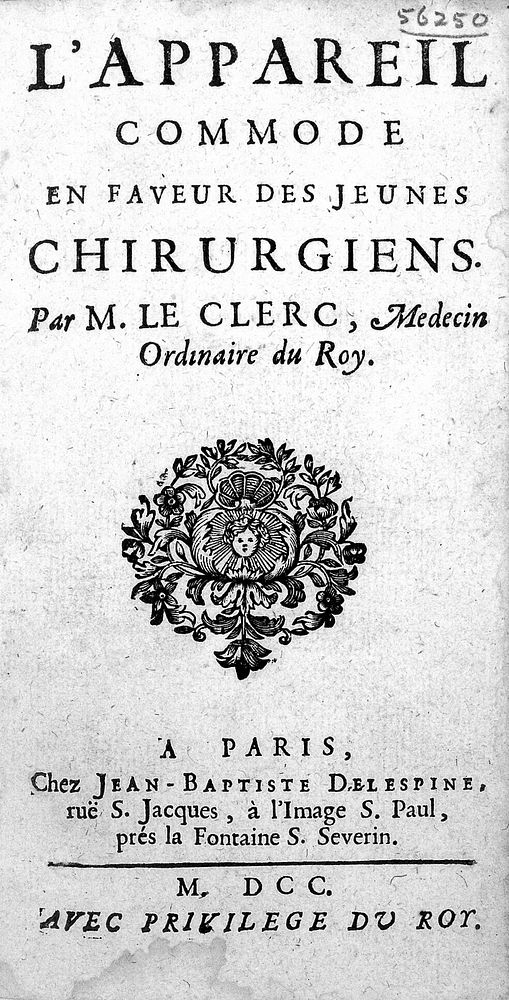 Title page from Le Clerc, L'appareil commode en faveur des jeunes chirurgiens, 1700
