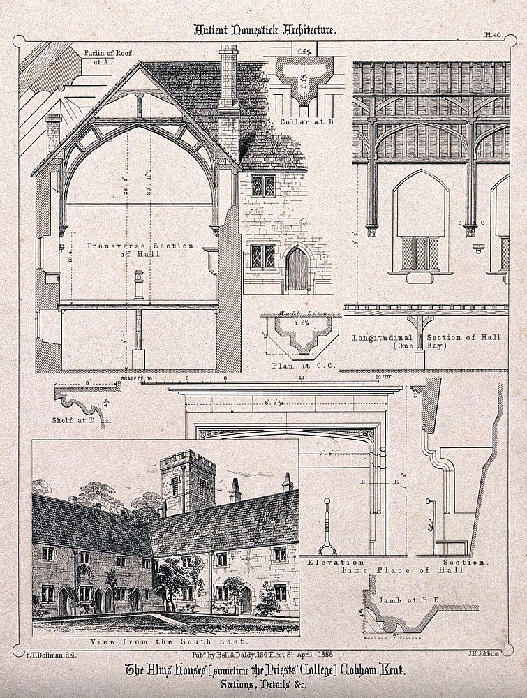 The Alms Houses, Cobham, Kent: facade, and architectural details, with a key. Transfer lithograph by J.R. Jobbins, 1858…