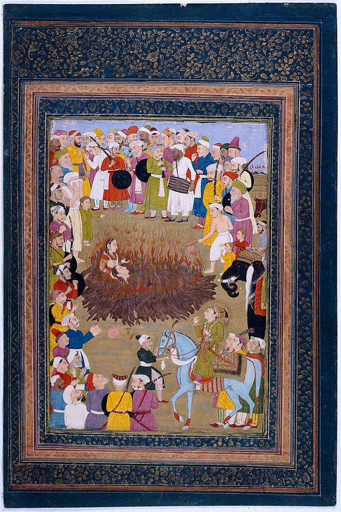 A Hindu princess committing suttee against the wishes of the Emperor Akbar but with his reluctant consent. Gouache.