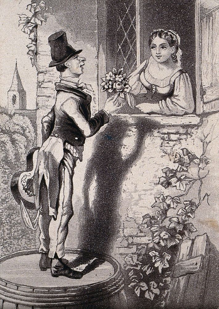 A young man stands on a barrel to reach the girl at the window and to hand her flowers and serenade her with his guitar.…