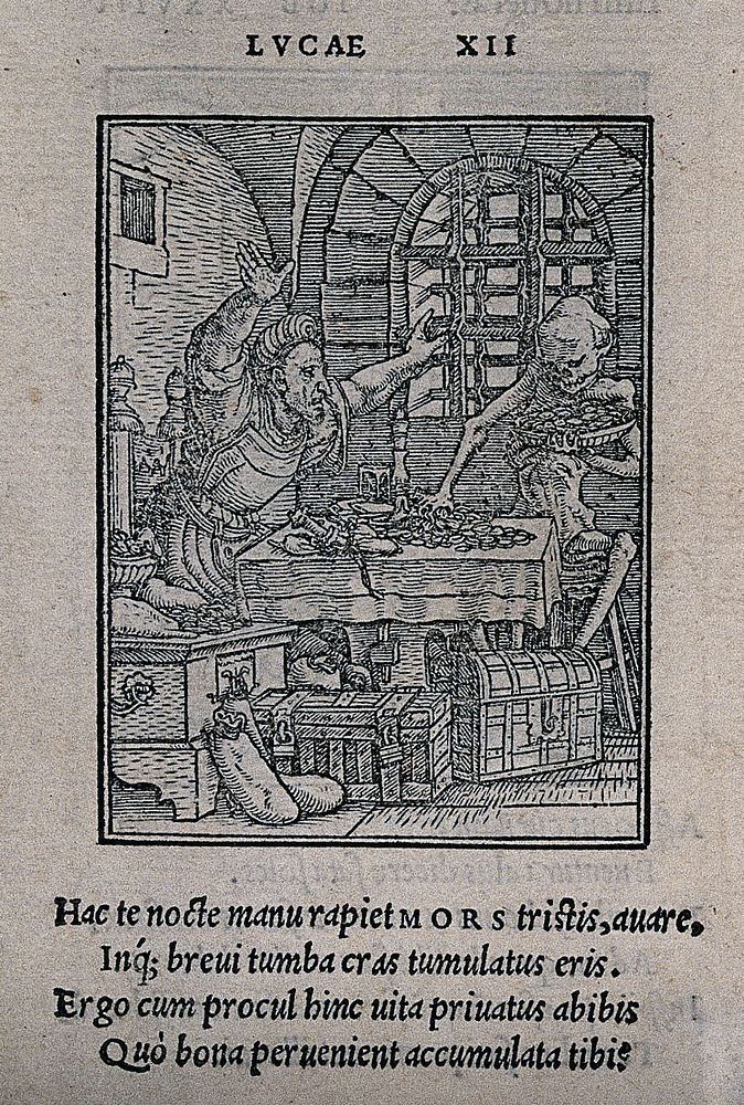 The dance of death: the merchant. Woodcut by Hans Holbein the younger.