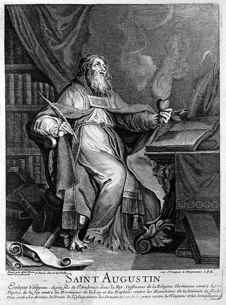 Saint Augustine of Hippo. Line engraving by M. Dossier after A. Dieu.