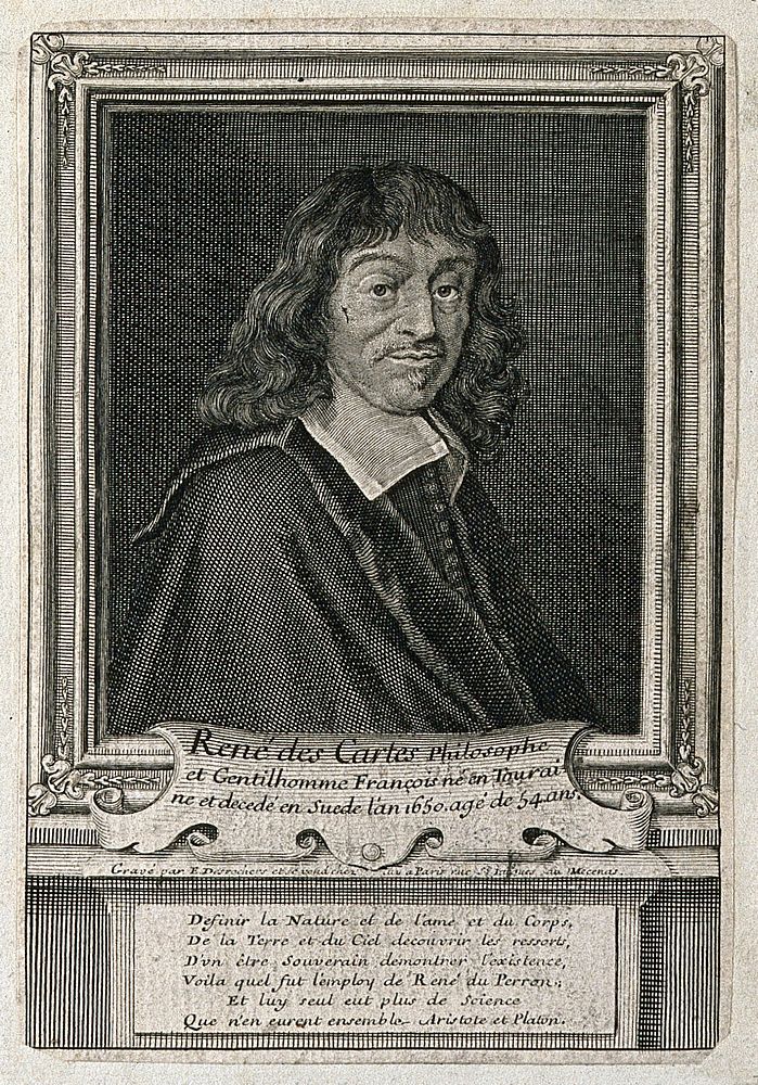René Descartes. Line engraving by E. Desrochers after F. Hals, 1649.