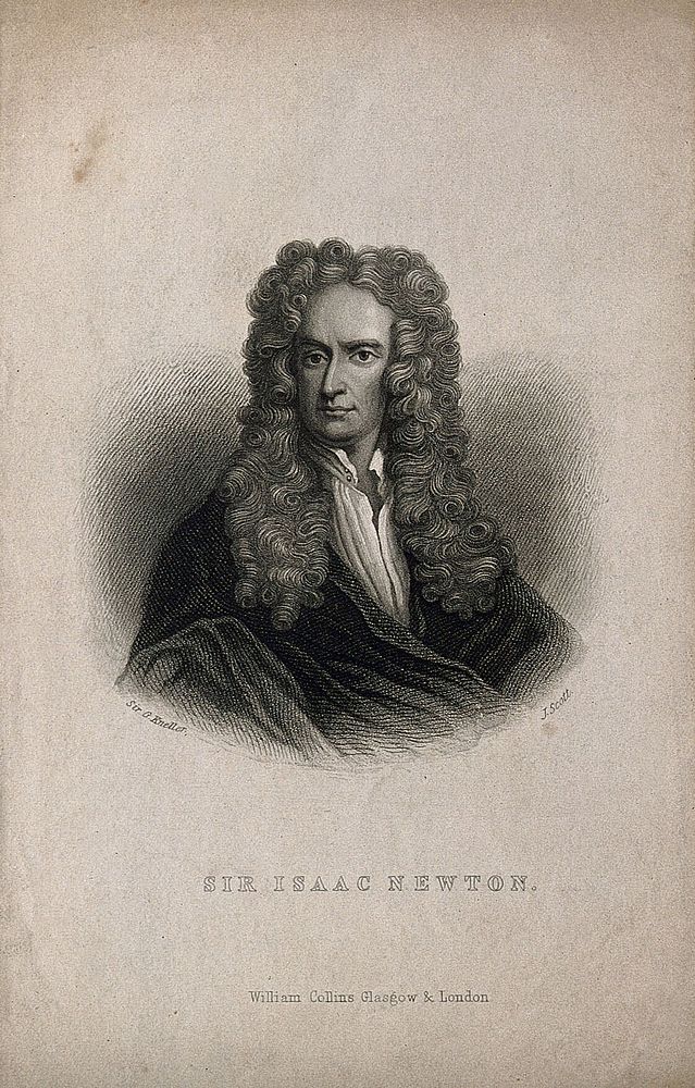 Sir Isaac Newton. Stipple engraving by J. Scott after Sir G. Kneller, 1702.