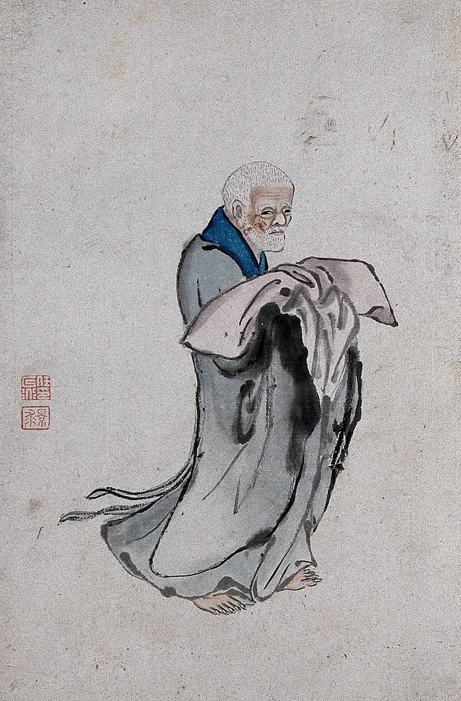 A Chinese man in grey robes holding a pillow. Watercolour.