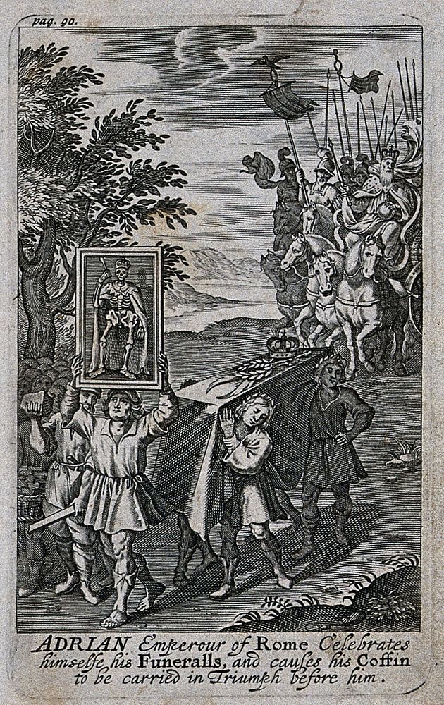 The Emperor Hadrian celebrates his funeral during his lifetime. Engraving by John Payne, 1639.