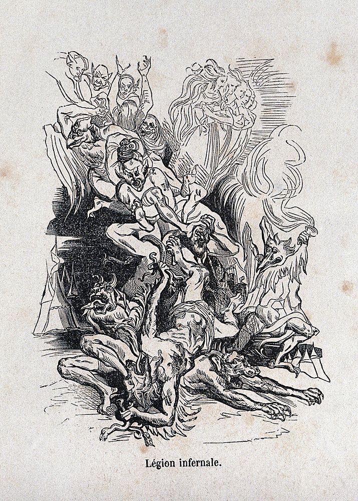 The infernal legion of demons, in Tasso's Gerusalemme liberata. Wood engraving by J.A. Faxardo after Lecurieux, ca. 1838.