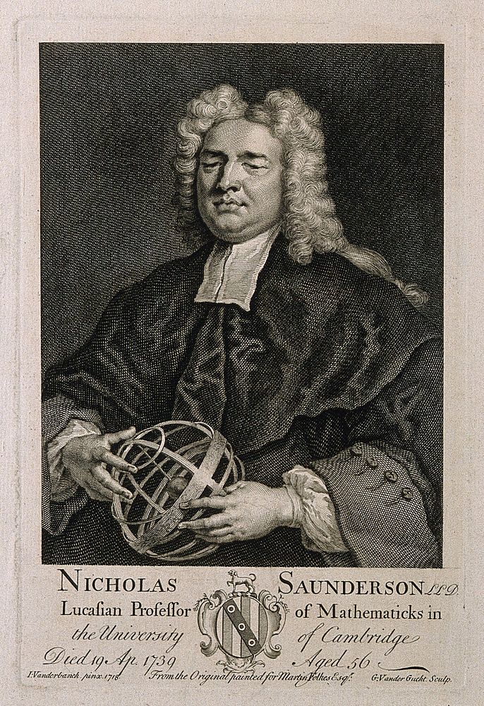 Nicholas Saunderson [Sanderson]. Line engraving by G. van der Gucht, 1740, after J. Vanderbank, 1719.