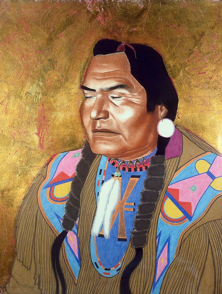 Short face, a Blackfeet medicine man. Colour pastel drawing by W. Langdon Kihn.