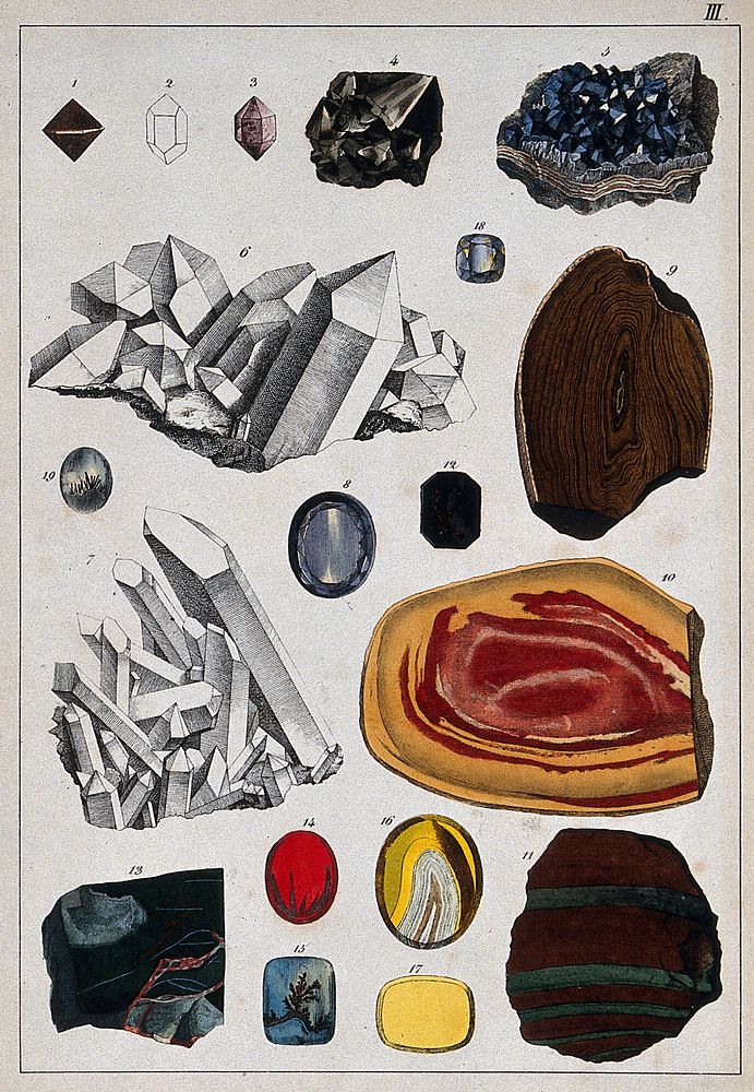 Chemistry: various crystalline substances. Coloured engraving.
