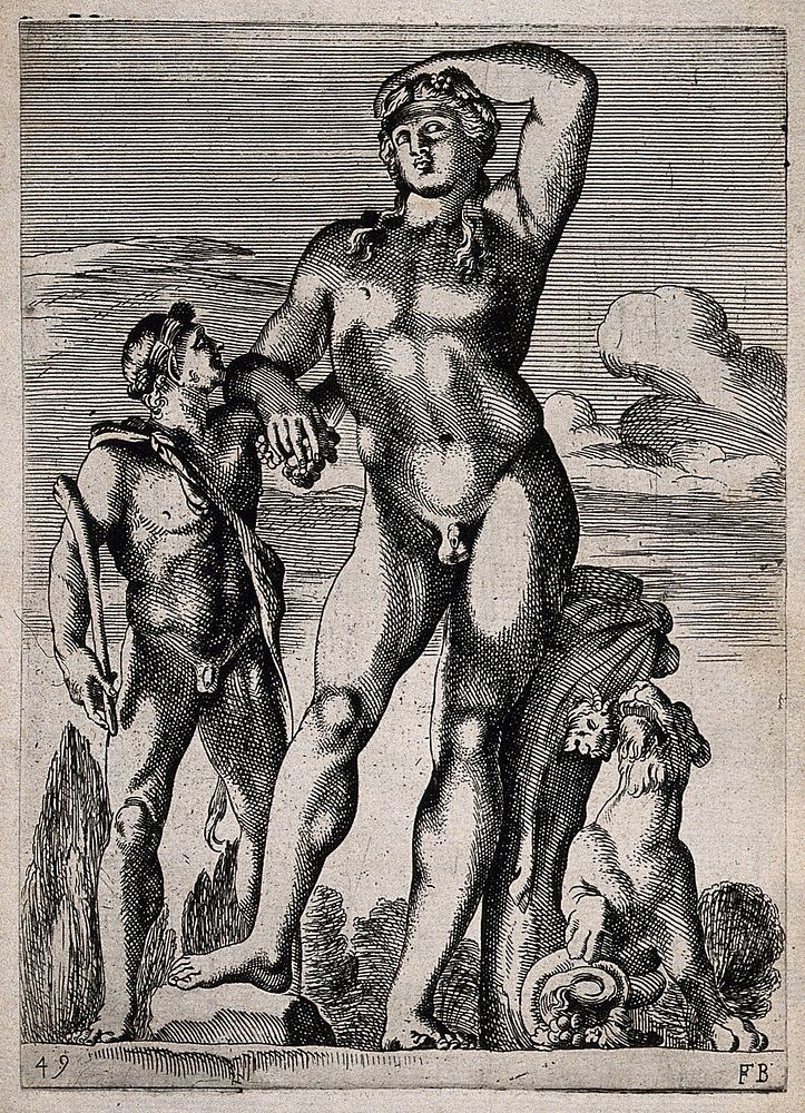 Bacchus [Dionysus] supported by a faun and accompanied by a panther. Etching by F. Perrier, 1638.