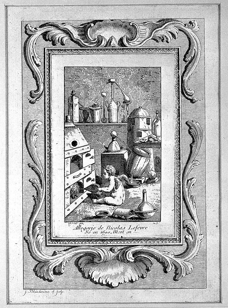 An infant blowing bellows into a furnace; allegory of the role of N. Lefevre in chemistry. Etching by J-G. Blanchon, 18th…