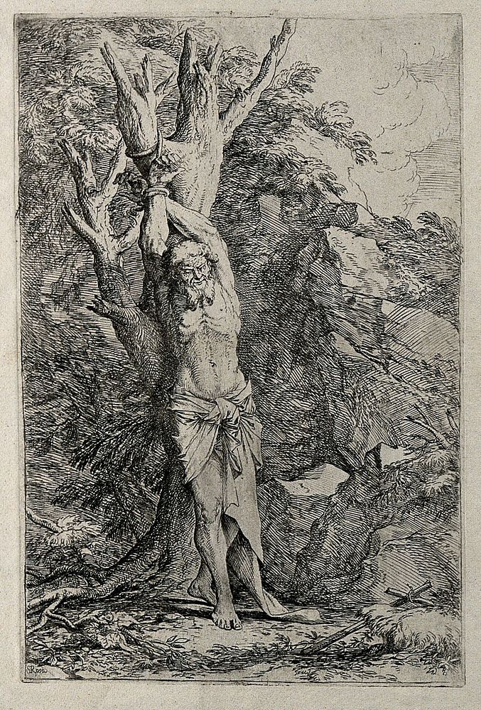 Albert, a companion of Saint William of Maleval, tied to a tree. Etching by S. Rosa.