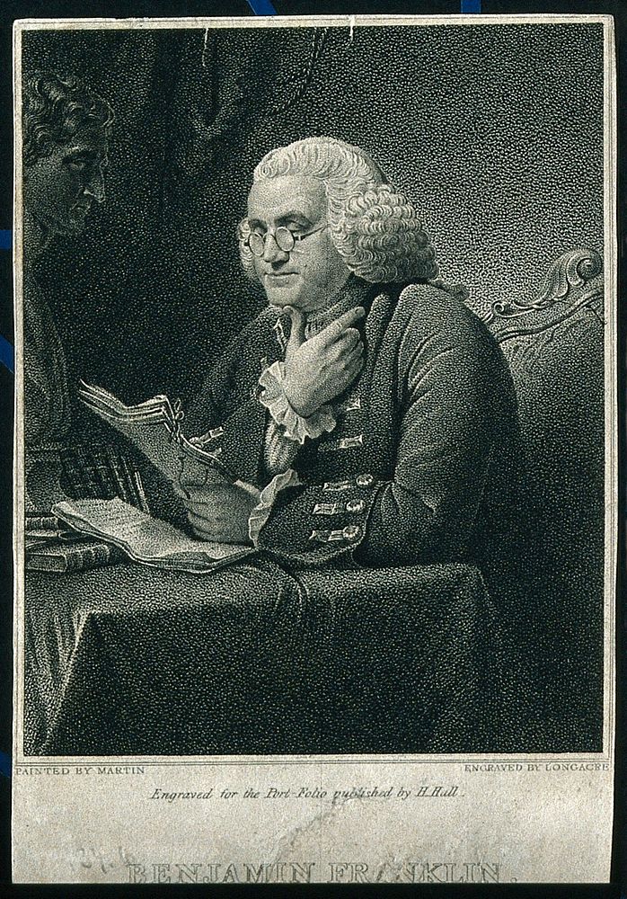 Benjamin Franklin. Stipple engraving by J. B. Longacre, 1819, after D. Martin, 1767.