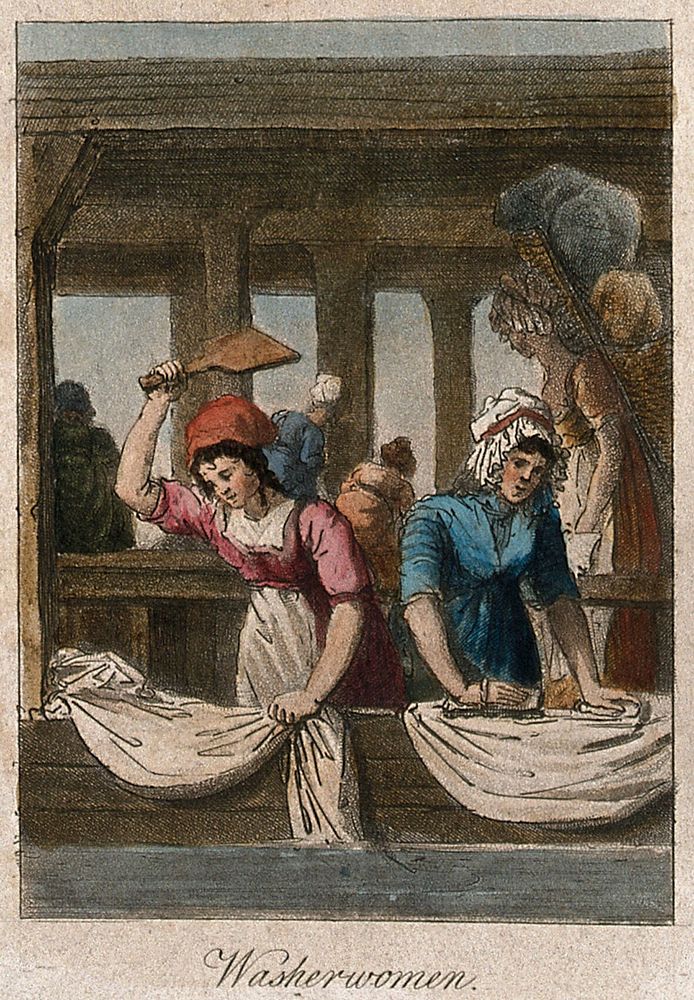 Two women are washing and beating sheets in a wash house. Coloured aquatint with etching.