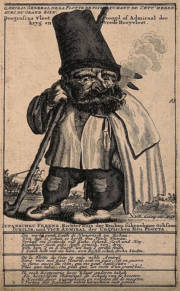 Ferenz Lupanschku, a characterful man who smokes hay. Engraving by J. van Sasse.