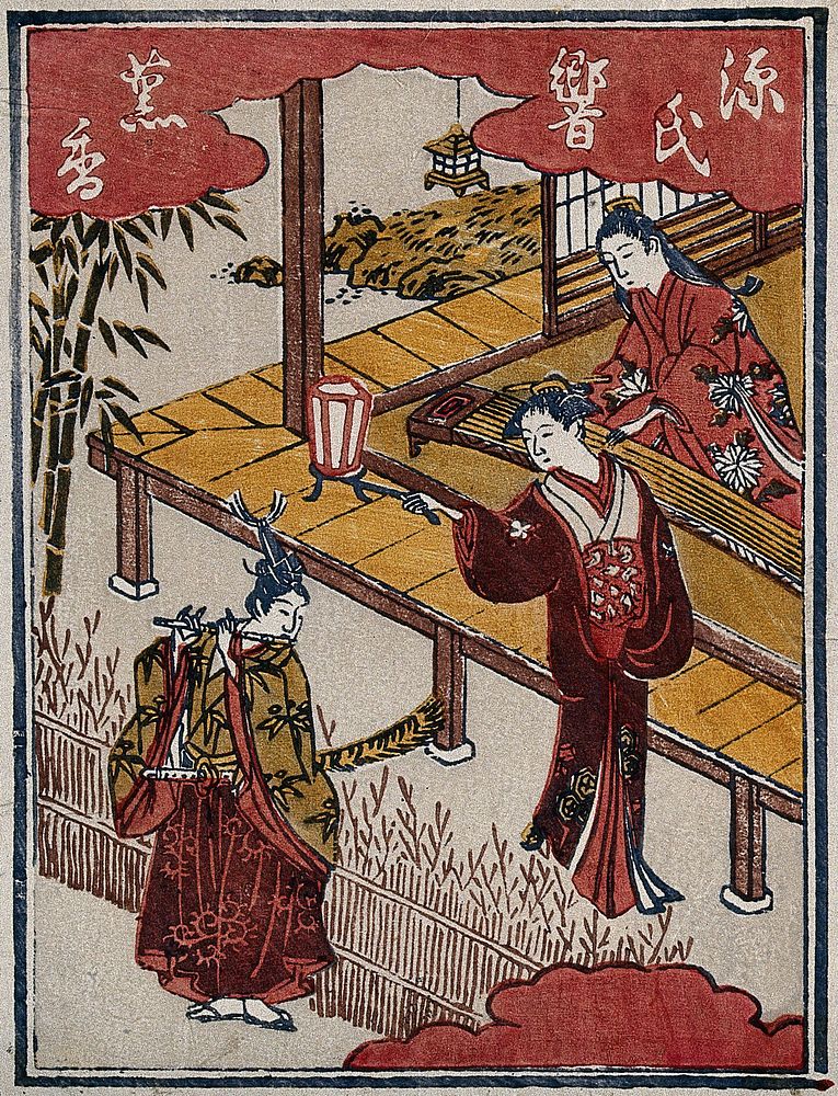 The samurai Minamoto Yoshitune serenading Joruri Hime. Colour woodcut, ca. 1850 .