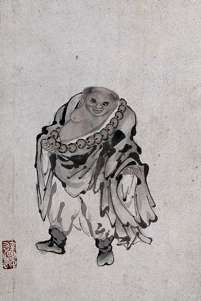 A Chinese man standing, wearing a string of big beads around his chest. Watercolour.