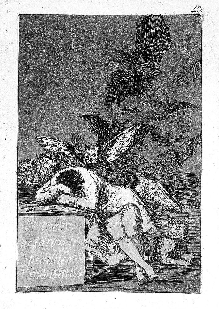 A man asleep dreaming of monsters. Aquatint by F. Goya, 1796/98.