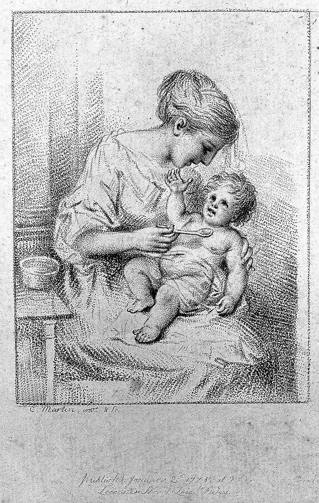 A woman feeding her happy baby. Colour stipple engraving by C. Martin after himself, 1778.