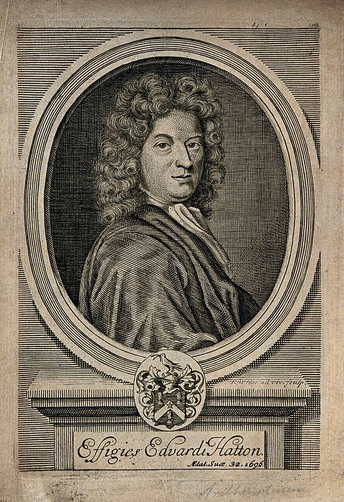 Edward Hatton. Line engraving by R. White, 1696, after himself.