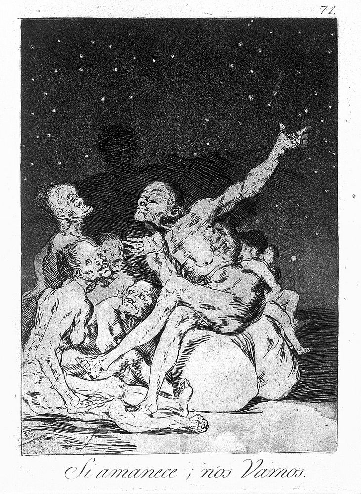 Arrival of dawn and the break-up of a witches' gathering. Etching by F. Goya, 1796/1798.