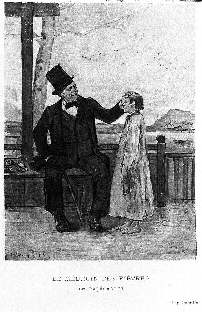 A physician feeling the forehead of a child in Dalarna, Sweden. Heliogravure after F. Rops.