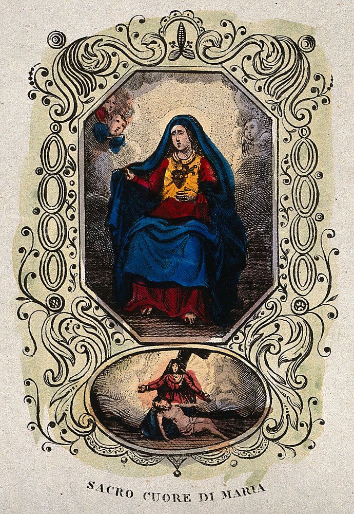 Saint Mary (the Blessed Virgin). Coloured etching.