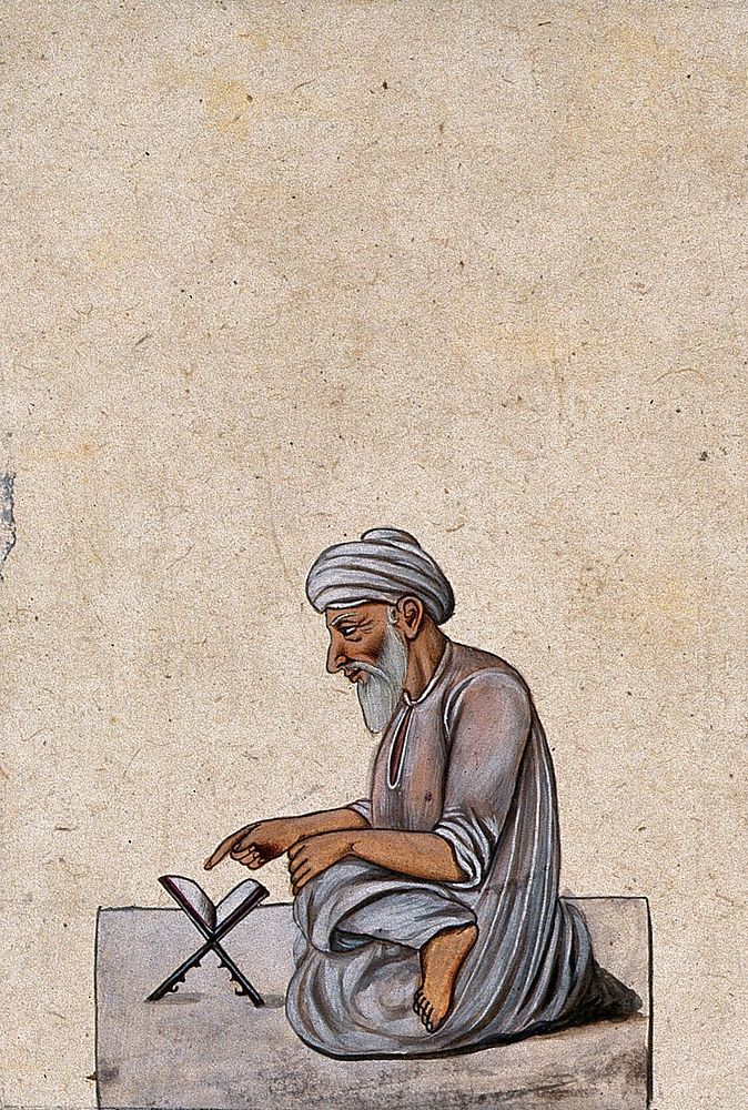 A mullah (Muslim scholar) reading a book. Gouache painting by an Indian artist.