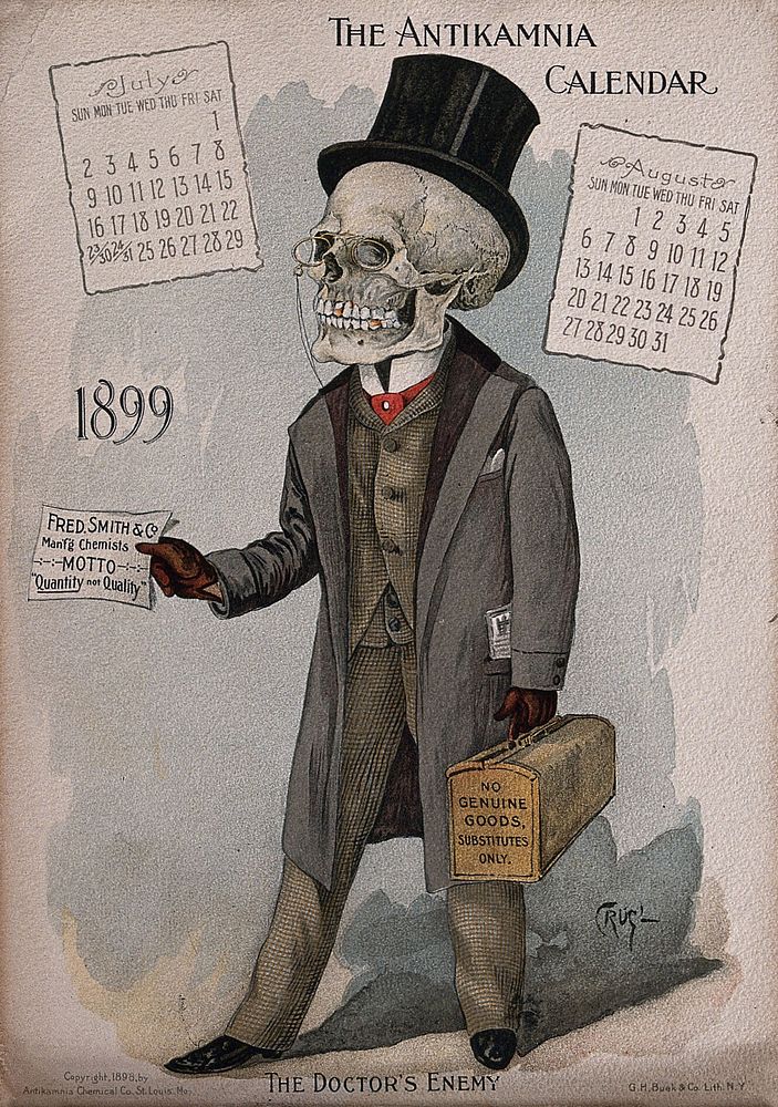 A skeleton dressed as a gentleman holding a letter and a bag which identify him as a door-to-door salesman of poor-quality…