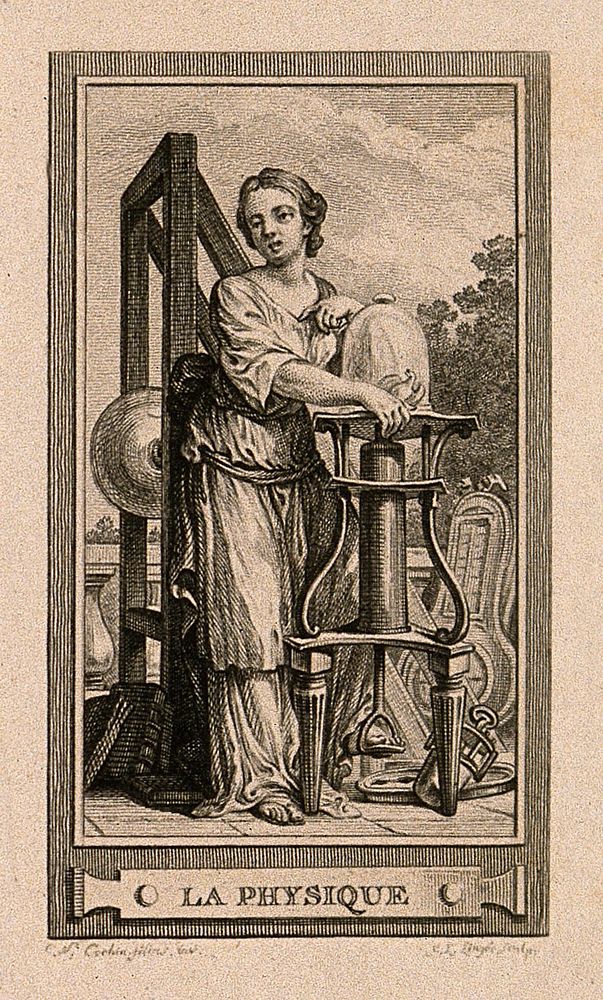 A female figure with a vacuum pump; representing physics. Etching by C.L. de Lingée after C-N. Cochin the younger, c. 1773.