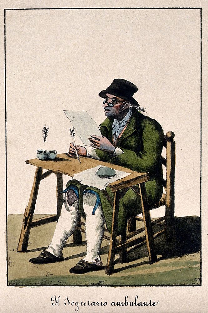 A public letter-writer sits at a desk reading from the paper he has written on with his quill pen. Coloured lithograph.