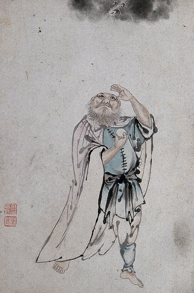 A Chinese man holding an egg or cake and looking upwards. Watercolour.
