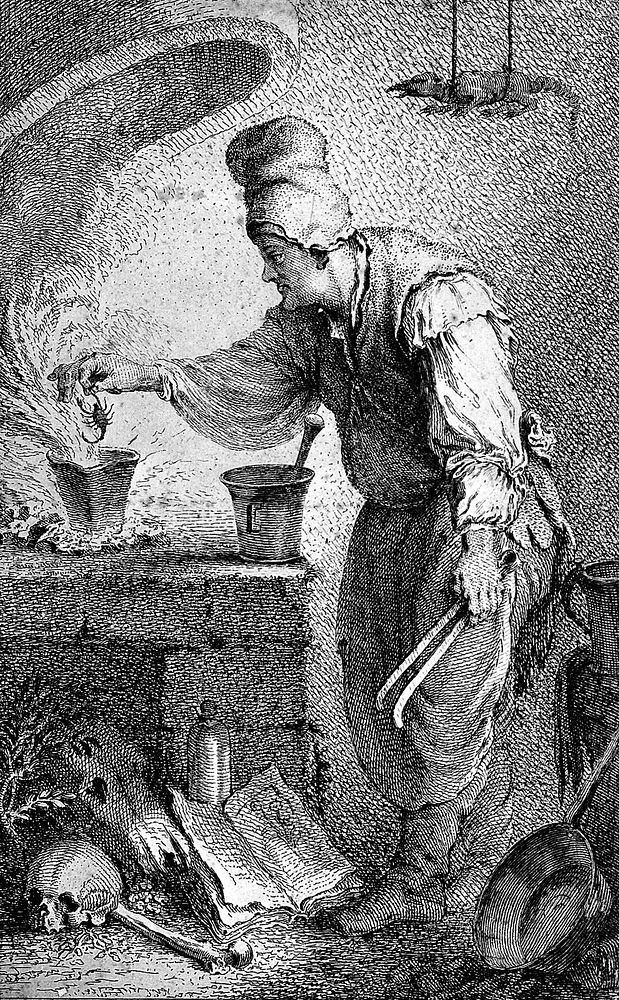 A witch placing a scorpion into a pot in order to make a potion. Etching by F. Landerer after M. Schmidt.