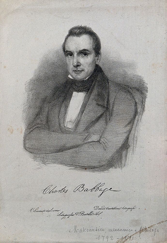 Charles Babbage. Lithograph by D. Castellini after C. E. Liverati, 1841.