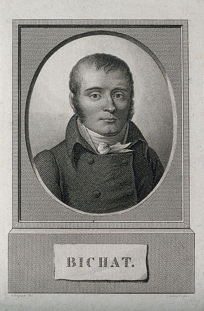 Marie François Xavier Bichat. Stipple engraving by A.J.B. Coupé after P.J.B. Choquet.