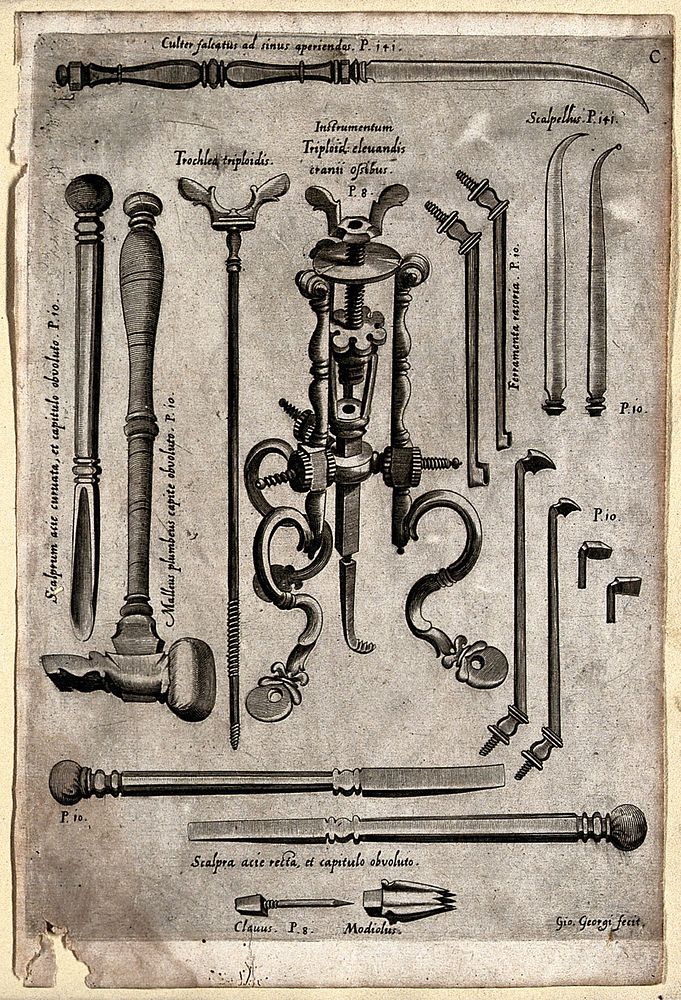 Surgical instruments. Engraving by G. Georgi, 1656.